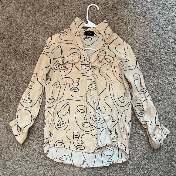 Beige Abstract Face Print Casual Button Down Shirt - Picture 1 of 2